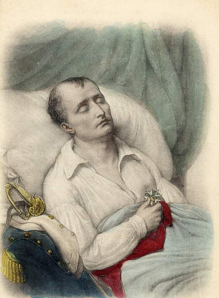 Image of Napoleon I on his death bed holding the Cross of the Legion of Honour to his heart, St. Helena, 1821 (colour litho) by French School, (19th century) © Bridgeman Images 